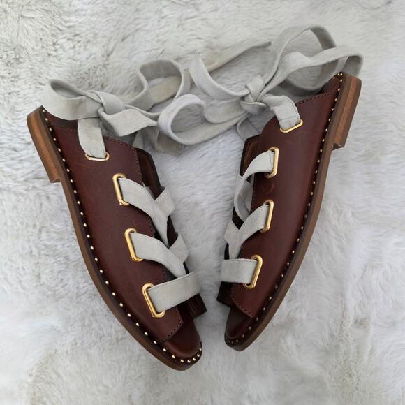 NEW Maje Fidil Lace Up Marron Gladiator Leather Sandal Mules US 8.5 - Picture 10 of 12